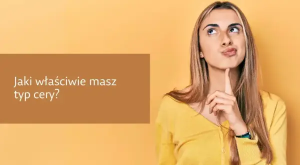 Młoda kobieta zamyślona, z palcem przy ustach, na tle z pytaniem o typ cery.