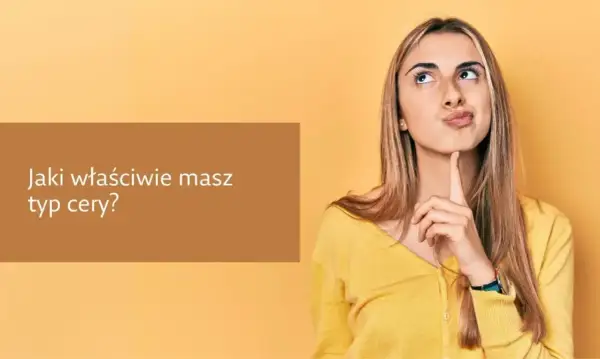Młoda kobieta zamyślona, z palcem przy ustach, na tle z pytaniem o typ cery.